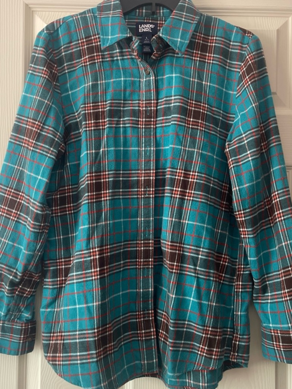Lands' End Teal and Brown Plaid Button-Up Shirt Jacket